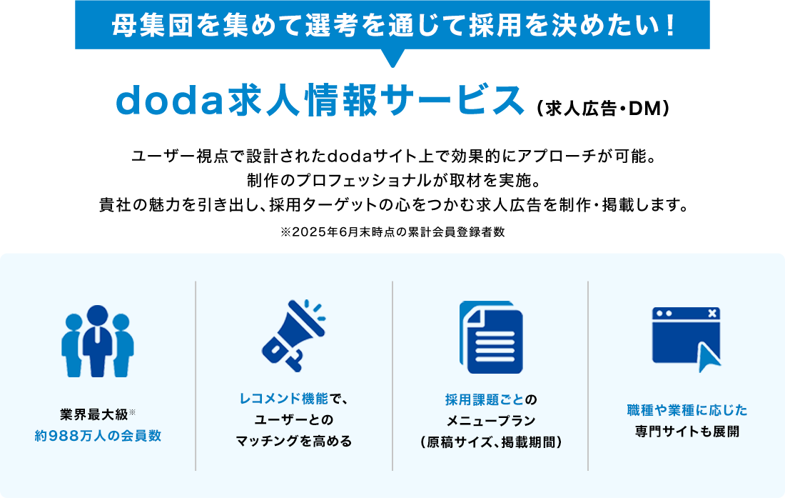 母集団を集めて選考を通じて採用を決めたい！doda求人情報サービス （求人広告・DM）
