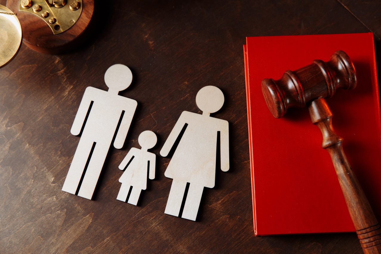 Judge's gavel on book and family figures